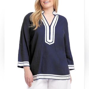 Deane & White 100% linen Navy Blue and White Nautical Women's Tunic Top Blouse